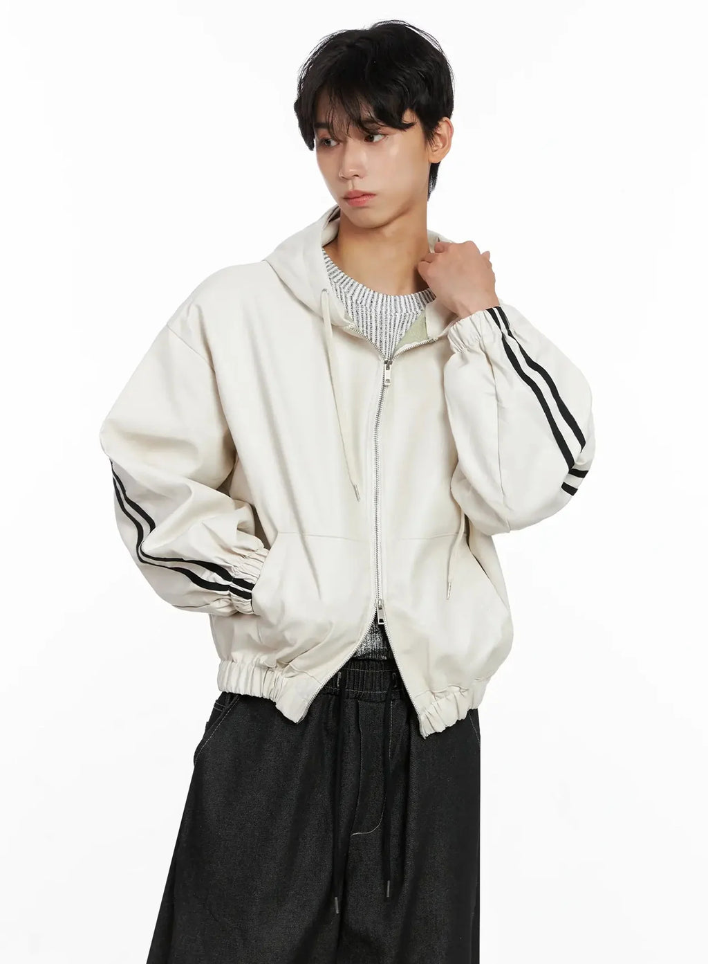 Men's Faux Leather Track Hooded Jacket IO517