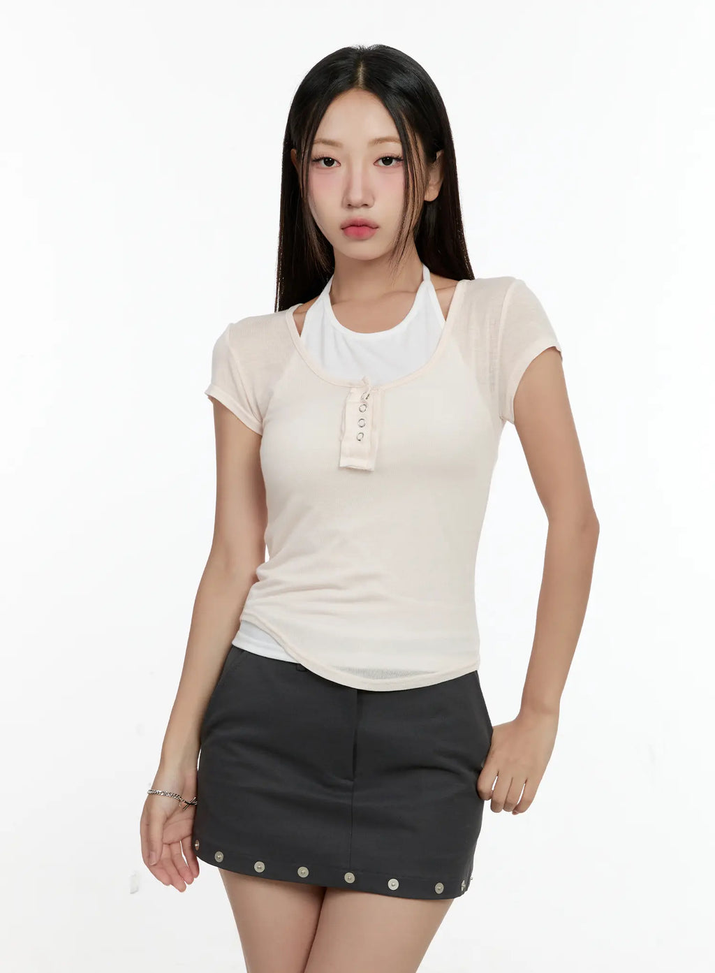 Sheer Short-Sleeve Snap Top CG501