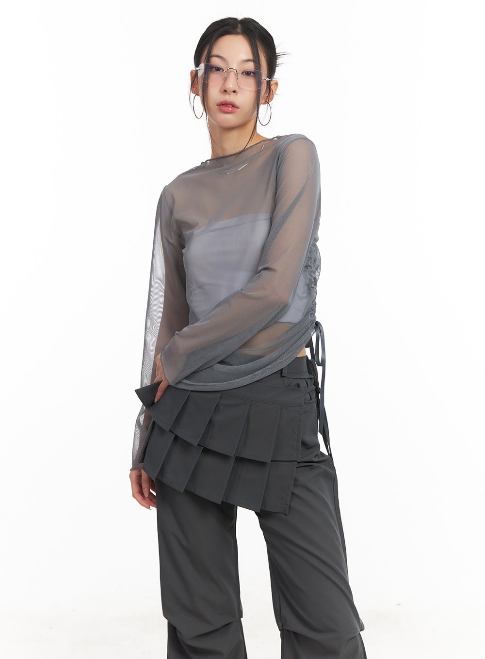 Sheer Shirring Ribbon Long-Sleeve Top CM503