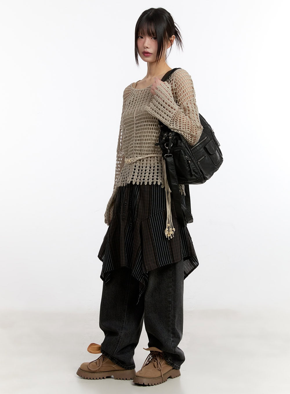 Mesh Knit Sweater with Belt and Tank Top CA508