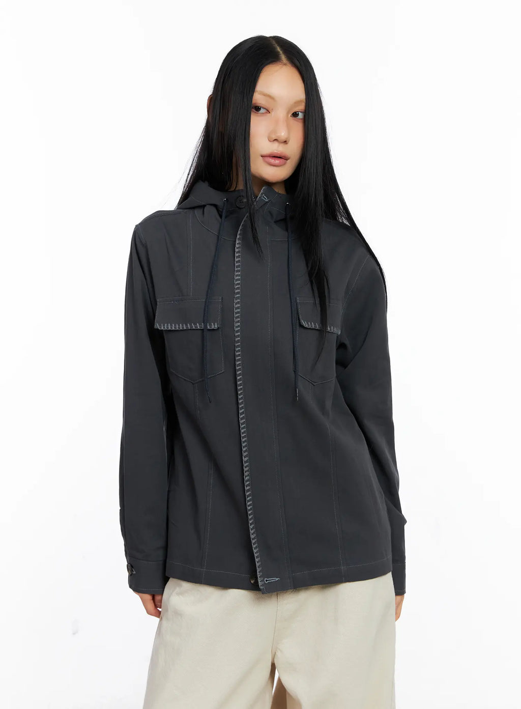 Two-Tone Embroidered Cotton Hoodie Jacket CS511