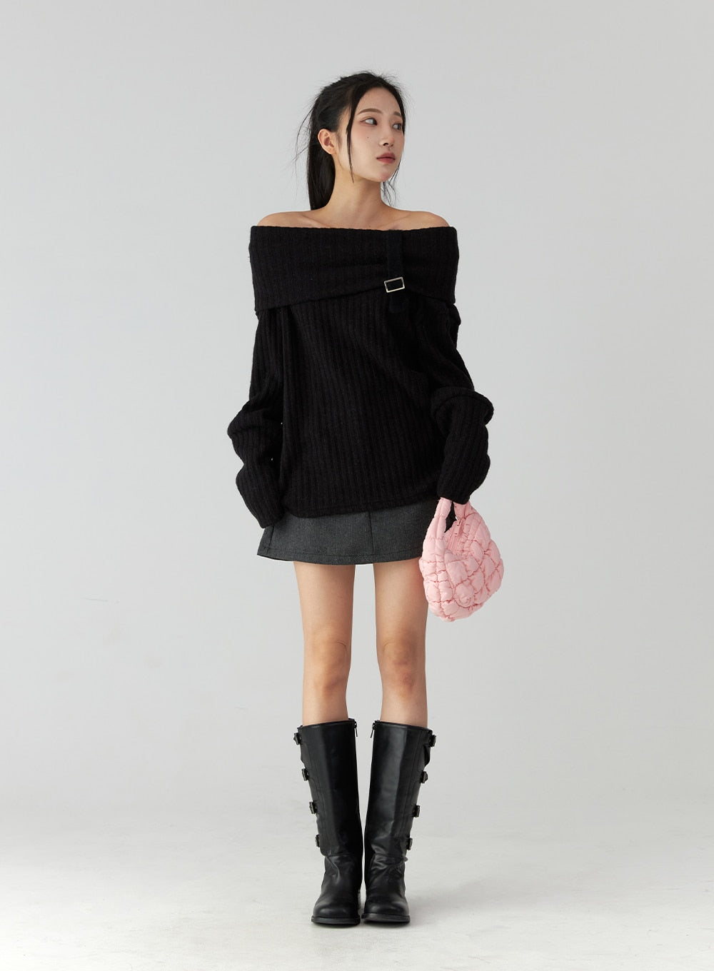 Off-Shoulder Buckle Knit Sweater CD322