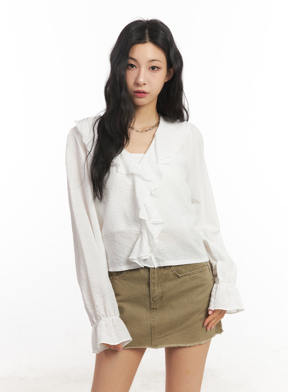 Ruffle V-Neck Stripe Blouse Top CA503