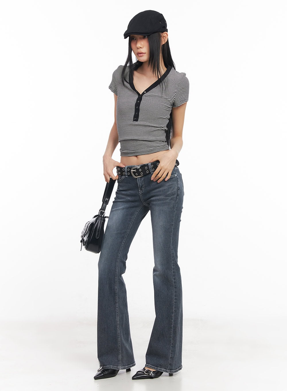 Striped Buttoned V-Neck Crop Tee CY528