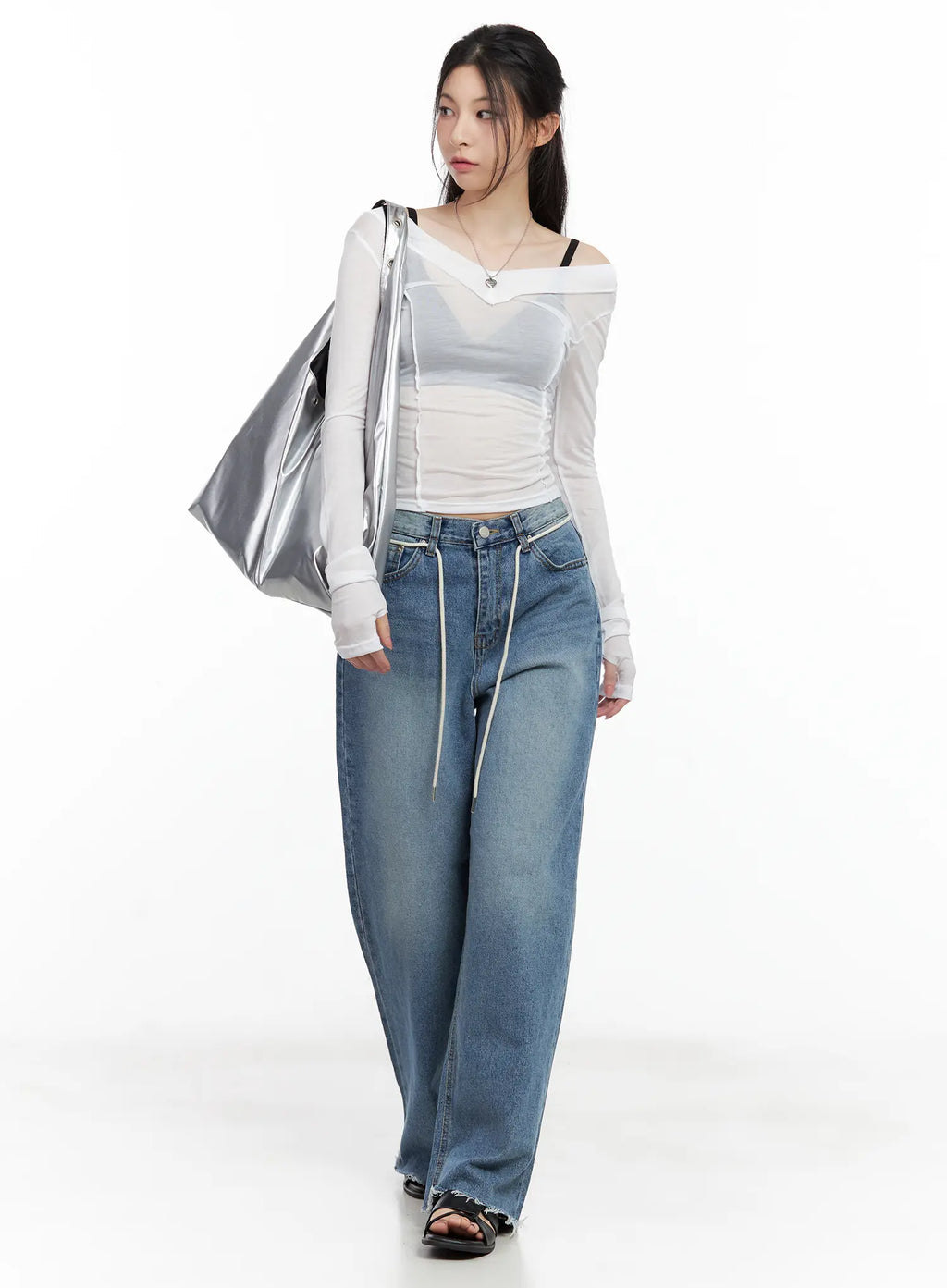 Chaeyoung Drawstring Washed Wide-Leg Jeans CU530