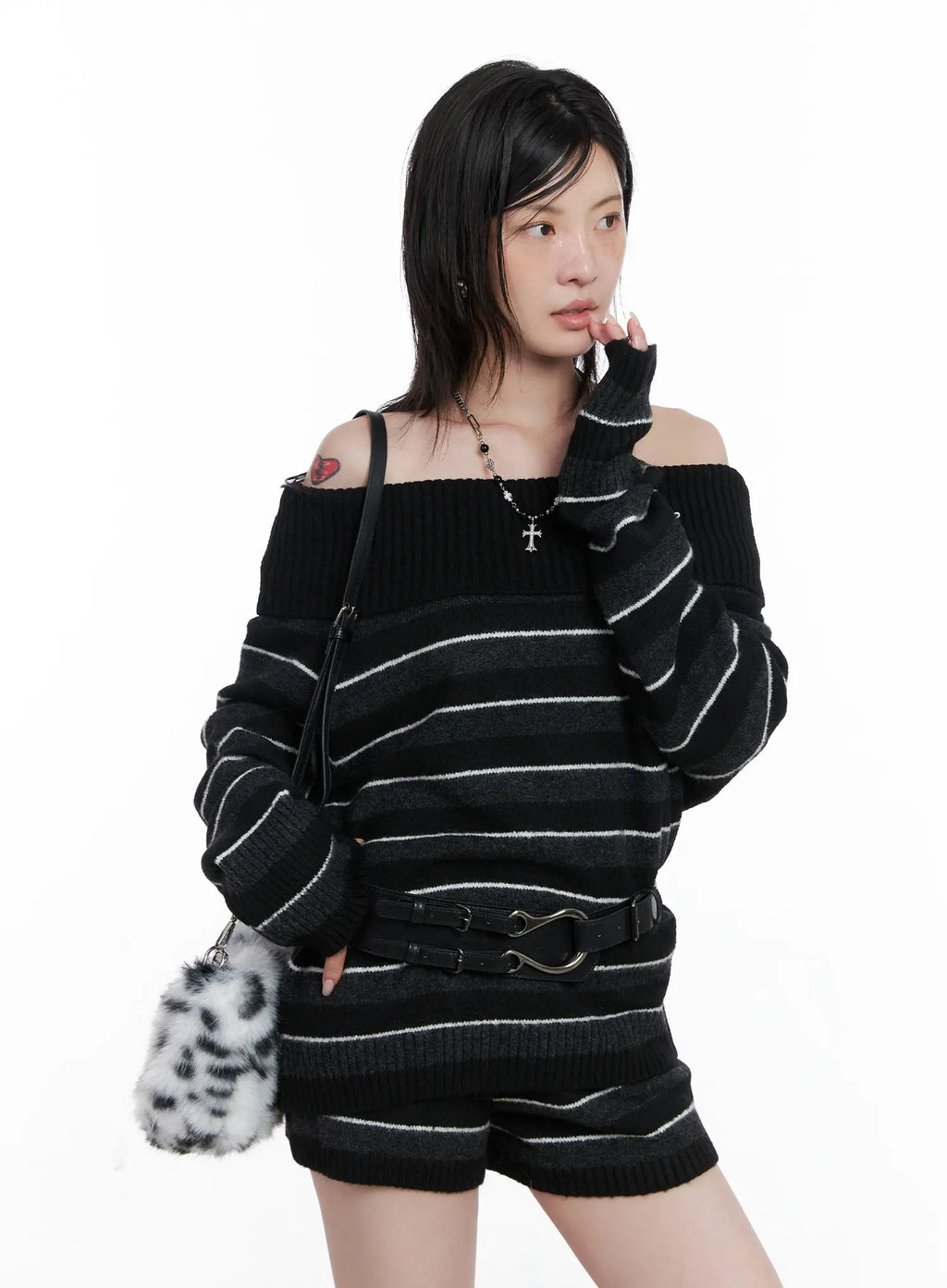 Striped Off-Shoulder Sweater and Shorts Set CS529