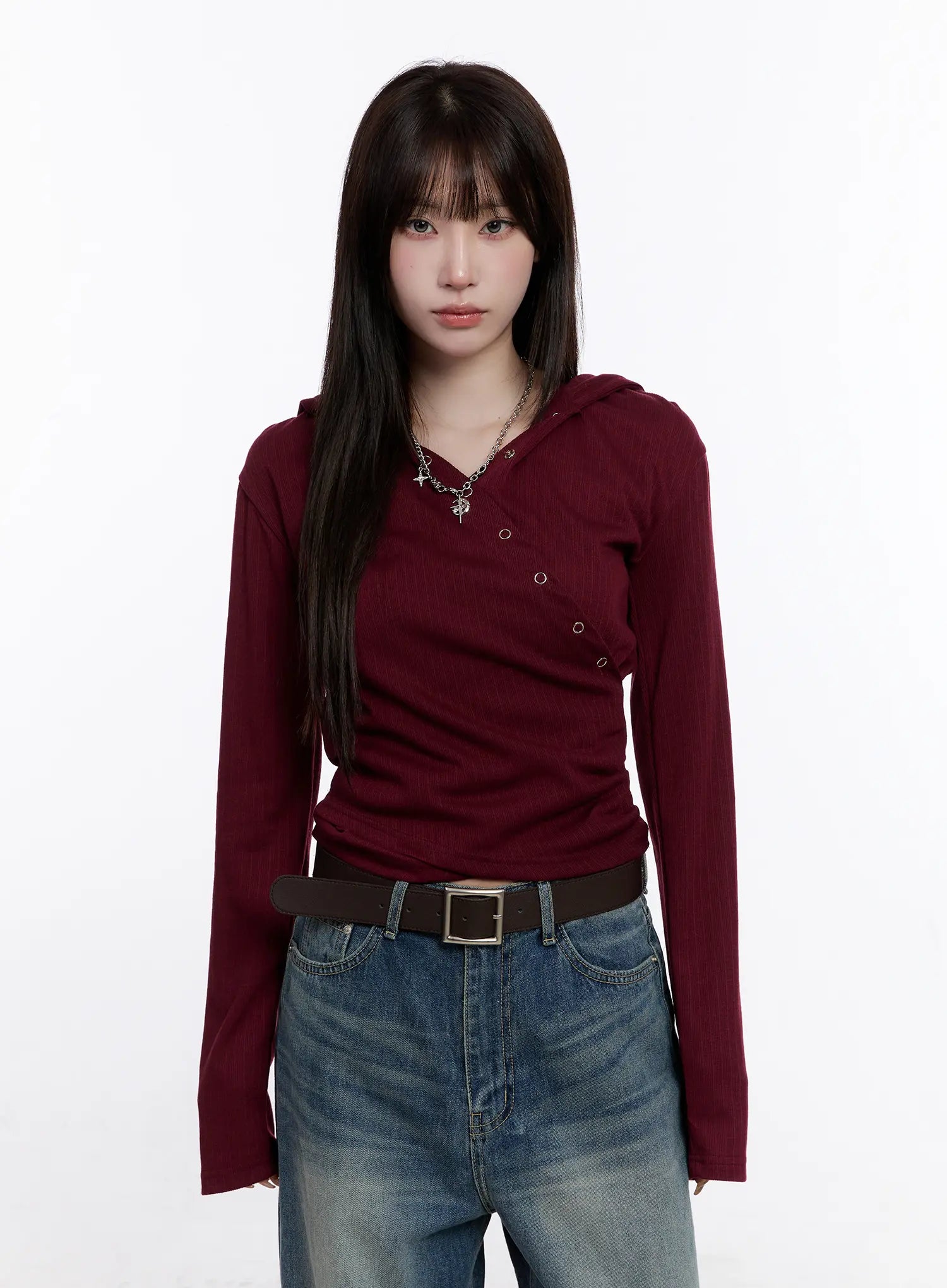 Snap Button Long Sleeve Hooded Top CS530