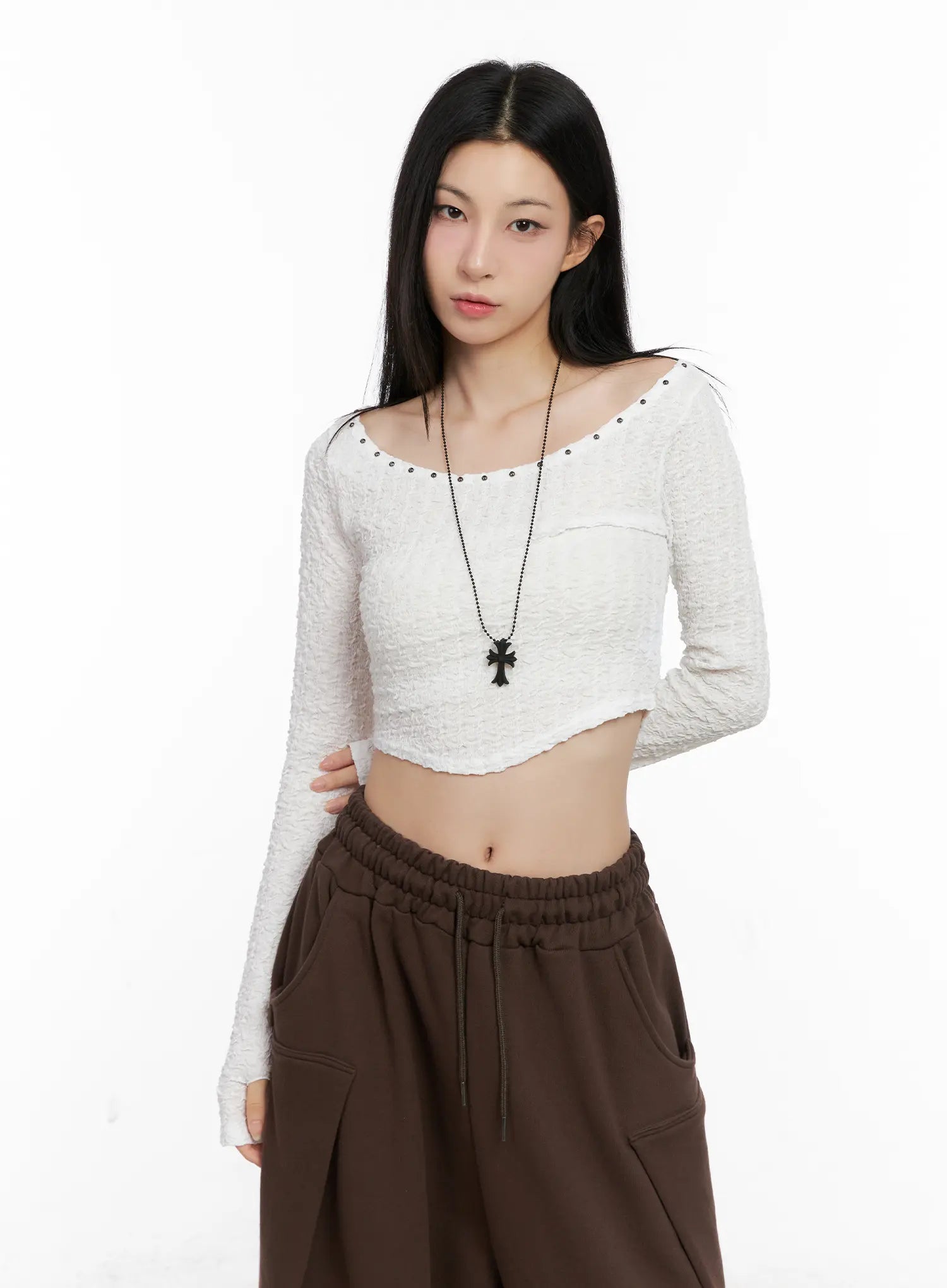 Cropped Eyelet Long Sleeve Top CG525