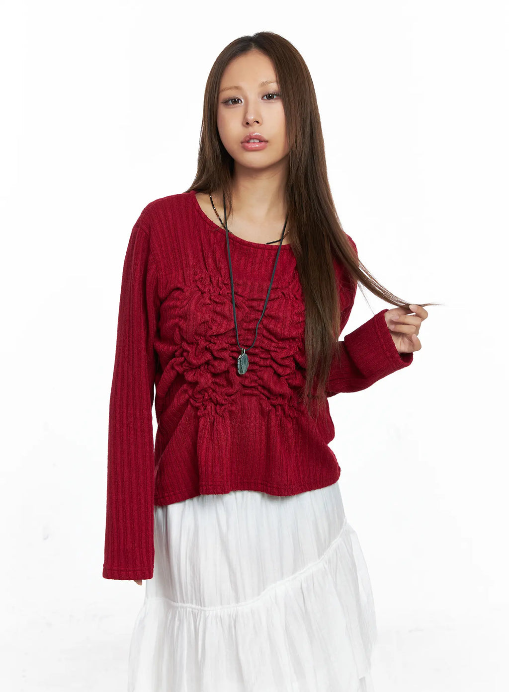 Ruffled Ribbed Long Sleeve Top CO510