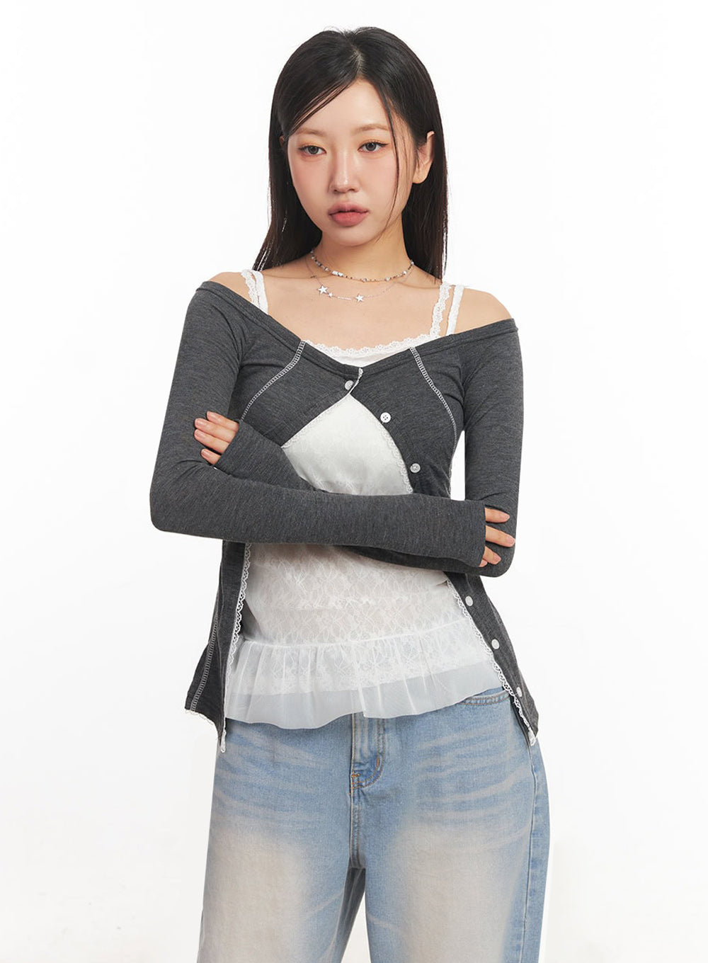 Lace Buttoned Off-Shoulder Cardigan IA524