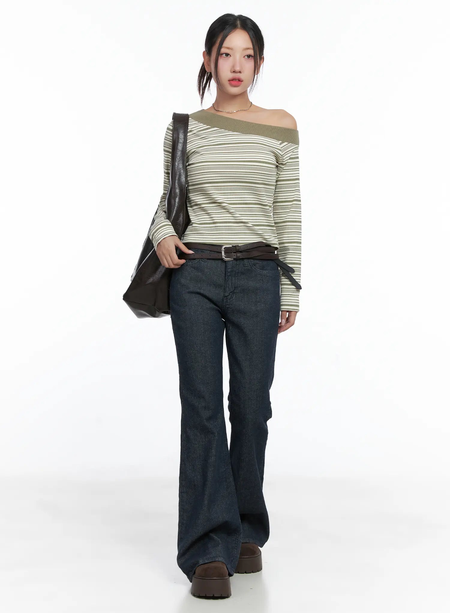 Stripe Off-Shoulder Long Sleeve Top CS502