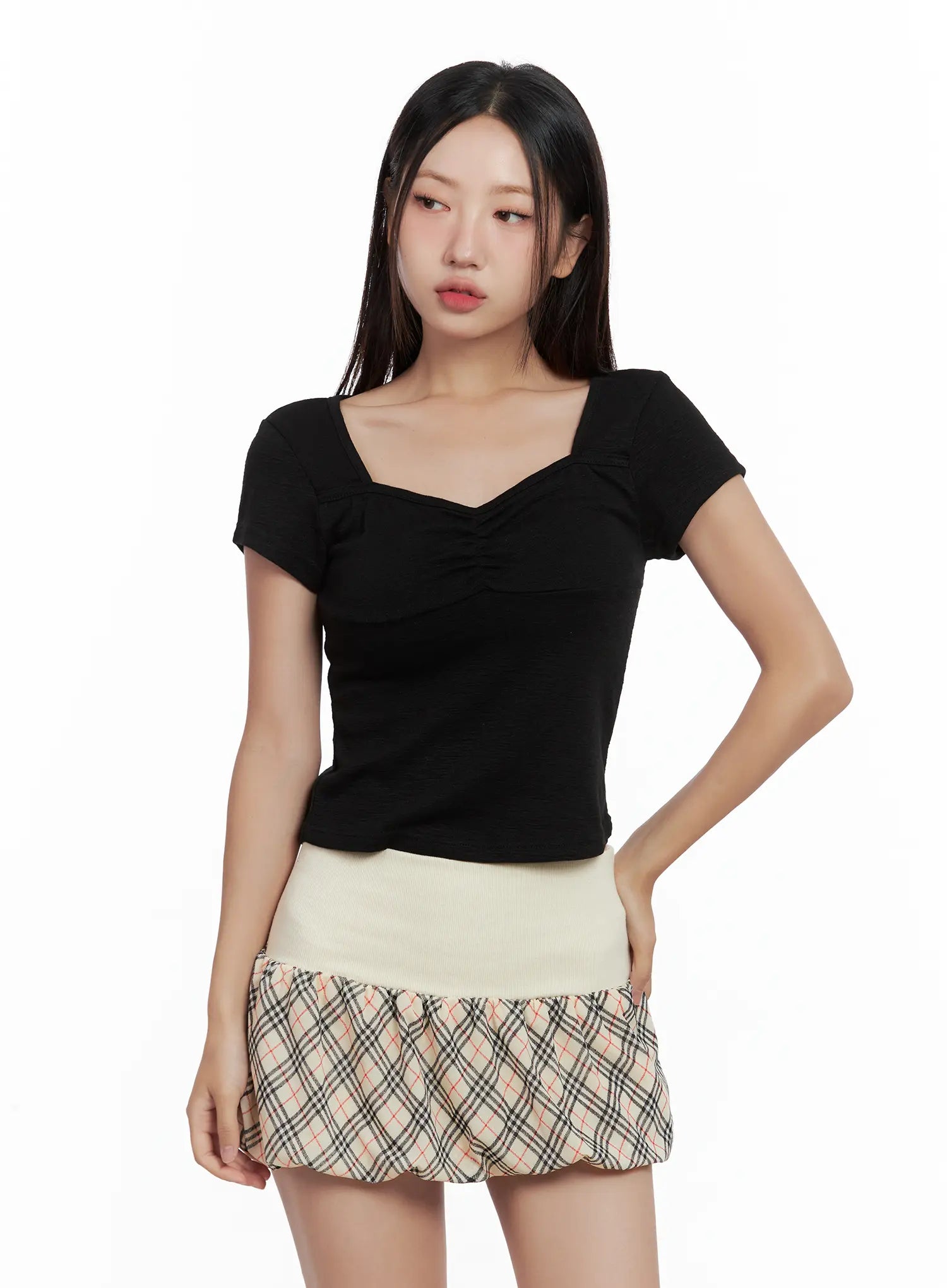 Shirred Sweetheart-Neck Crop Tee CL509