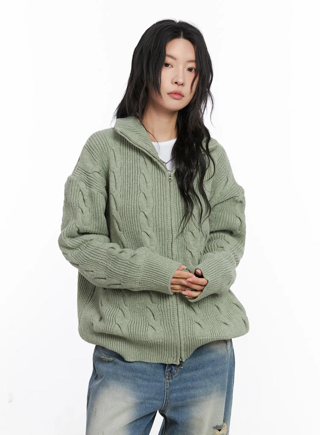 Oversized Cable Knit Zip-Up Sweater CO508