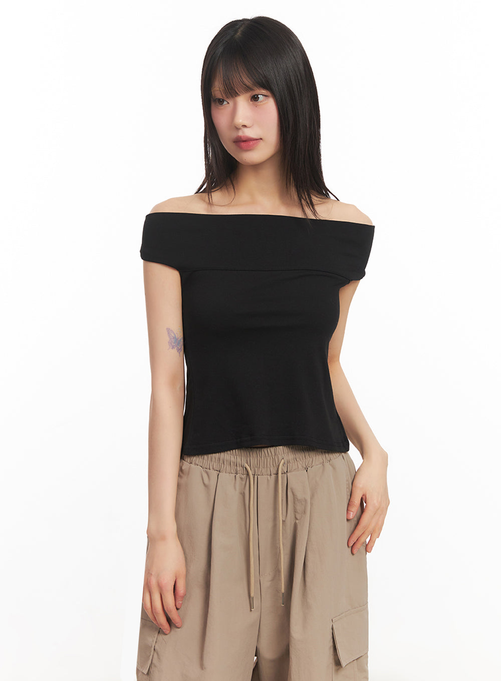 String Cut-Out Off-Shoulder Crop Top IY502