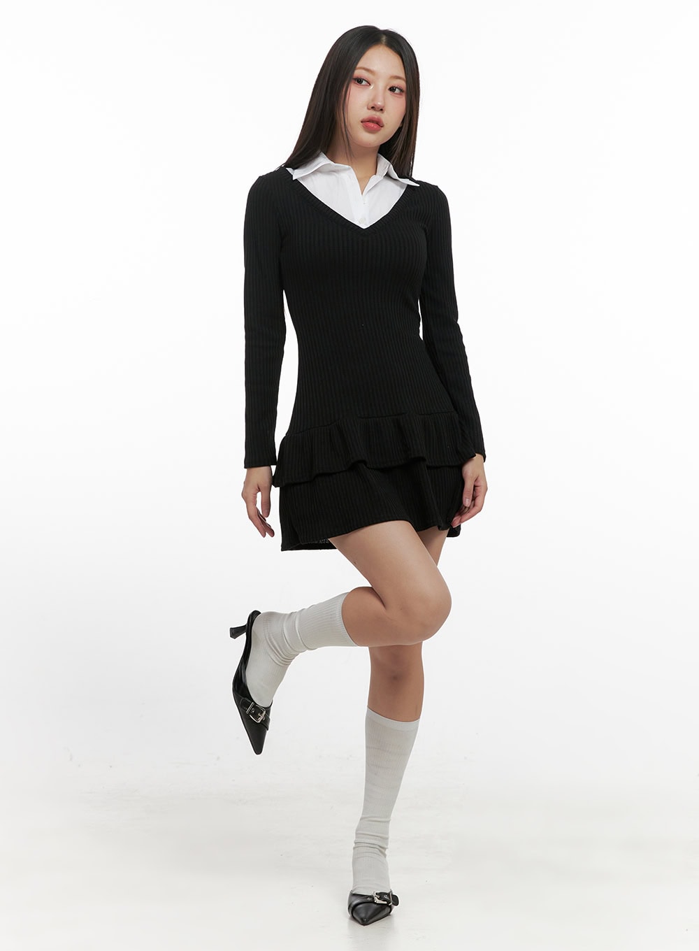 Solid Print Flare Collar Dress CN415