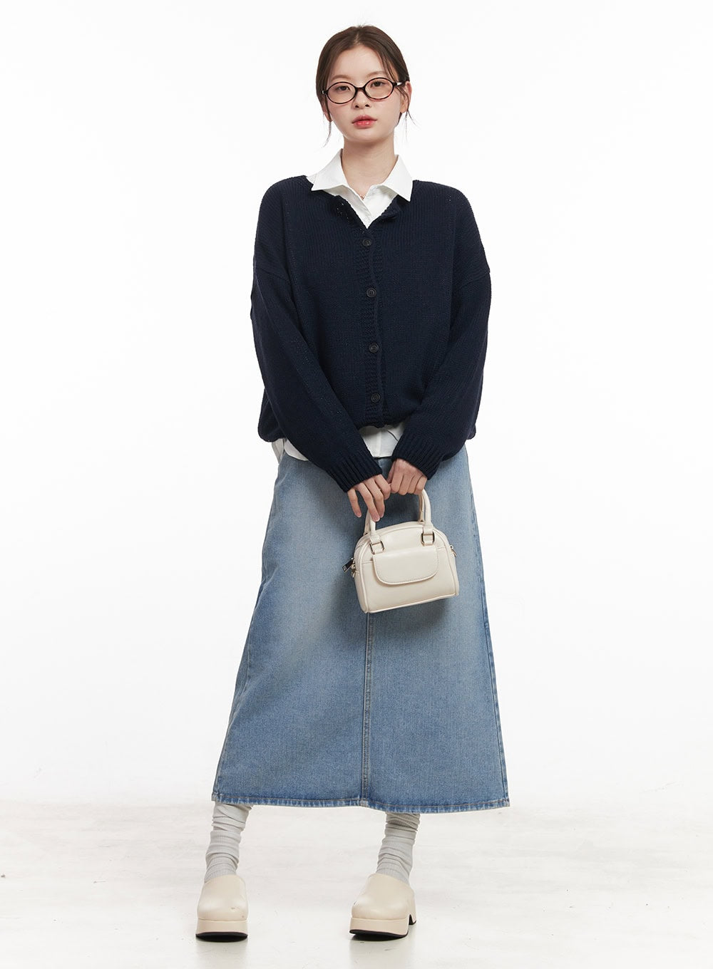 Back-Slit Stitched Denim Maxi Skirt CM511