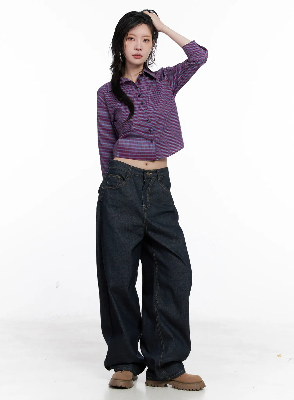 Cropped Plaid Button Up Shirt CS512