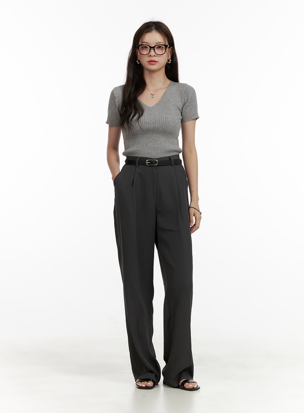 Summer V-Neck Ribbed Knit Top OU411