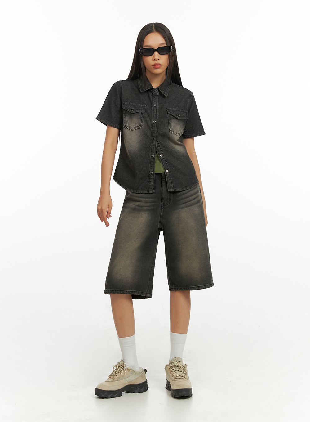 Denim Collar Solid Pocket Blouse IY422