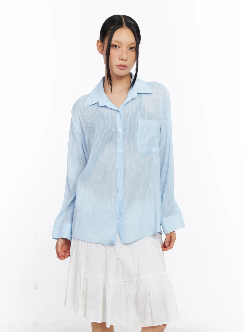 Sheer Long-Sleeve Button-Down Shirt CL529