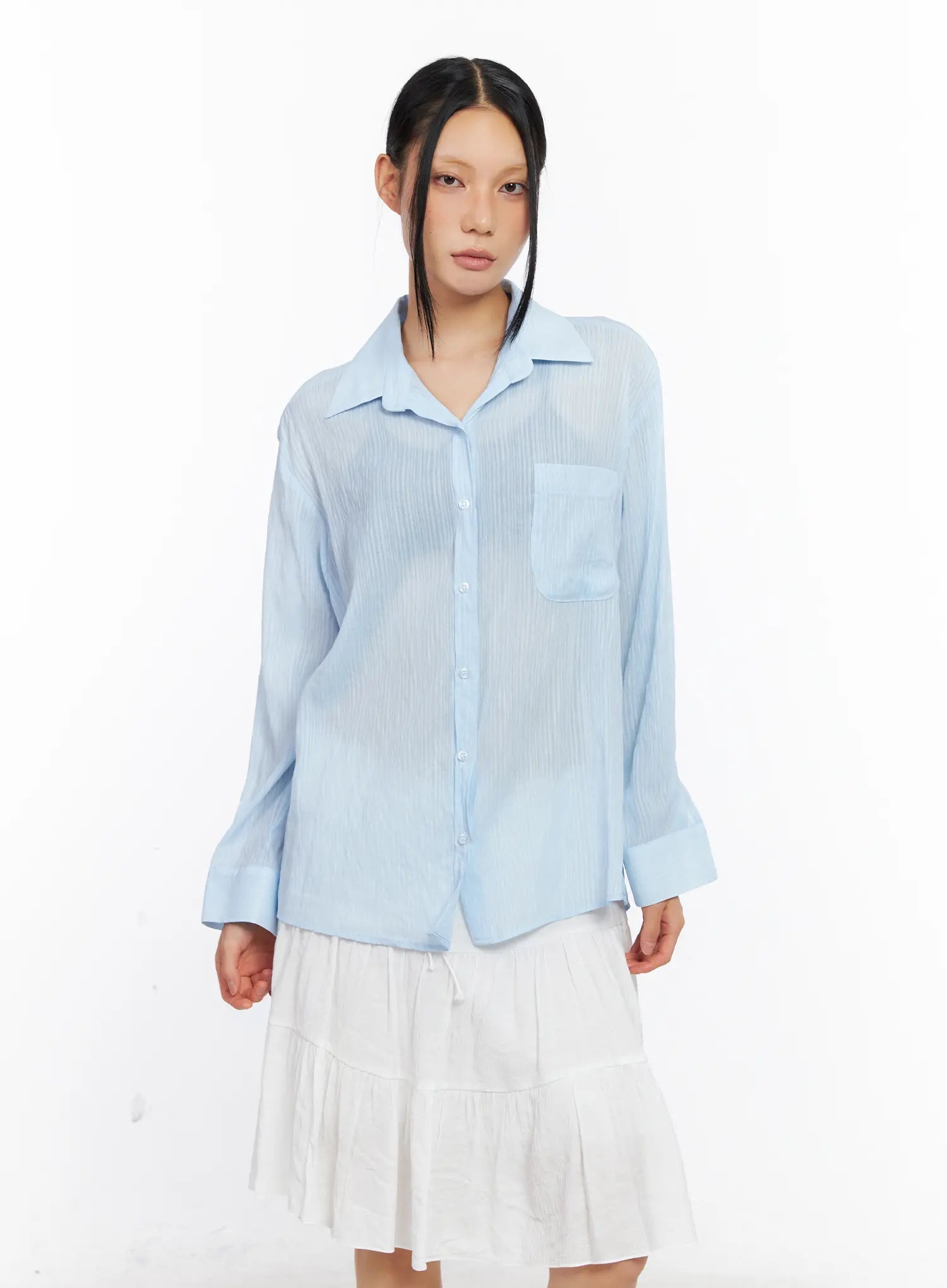 Sheer Long-Sleeve Button-Down Shirt CL529