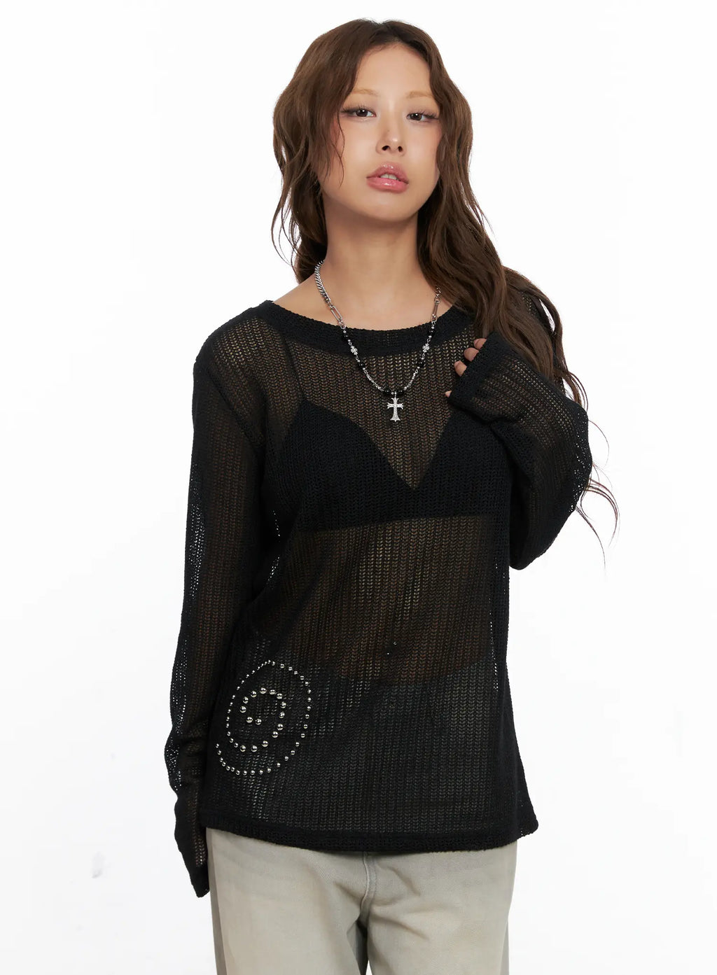 Studded Mesh Knit Long Sleeve Sweater CS522