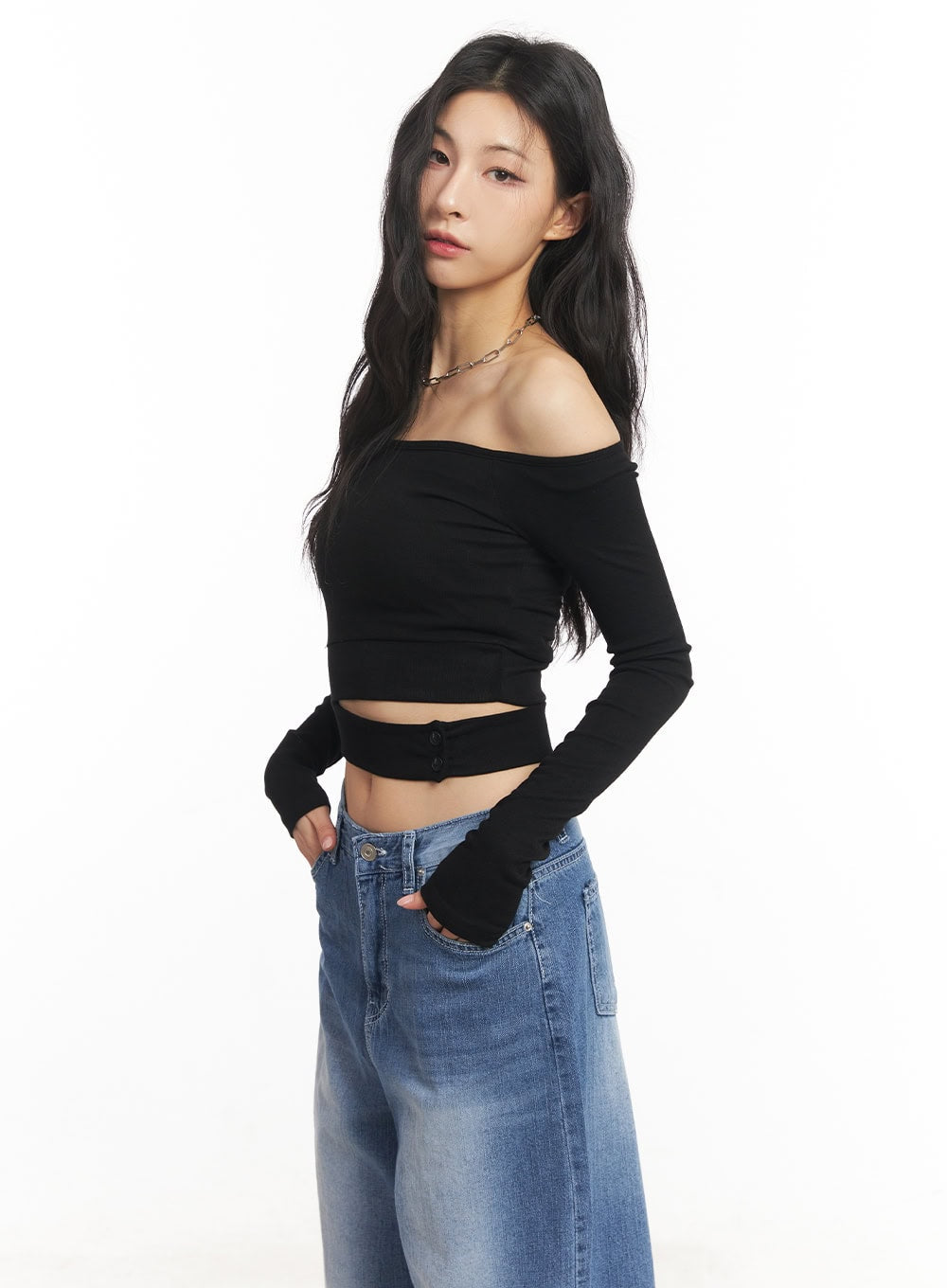 Cut-Out Off-Shoulder Long-Sleeve Crop Top CA504