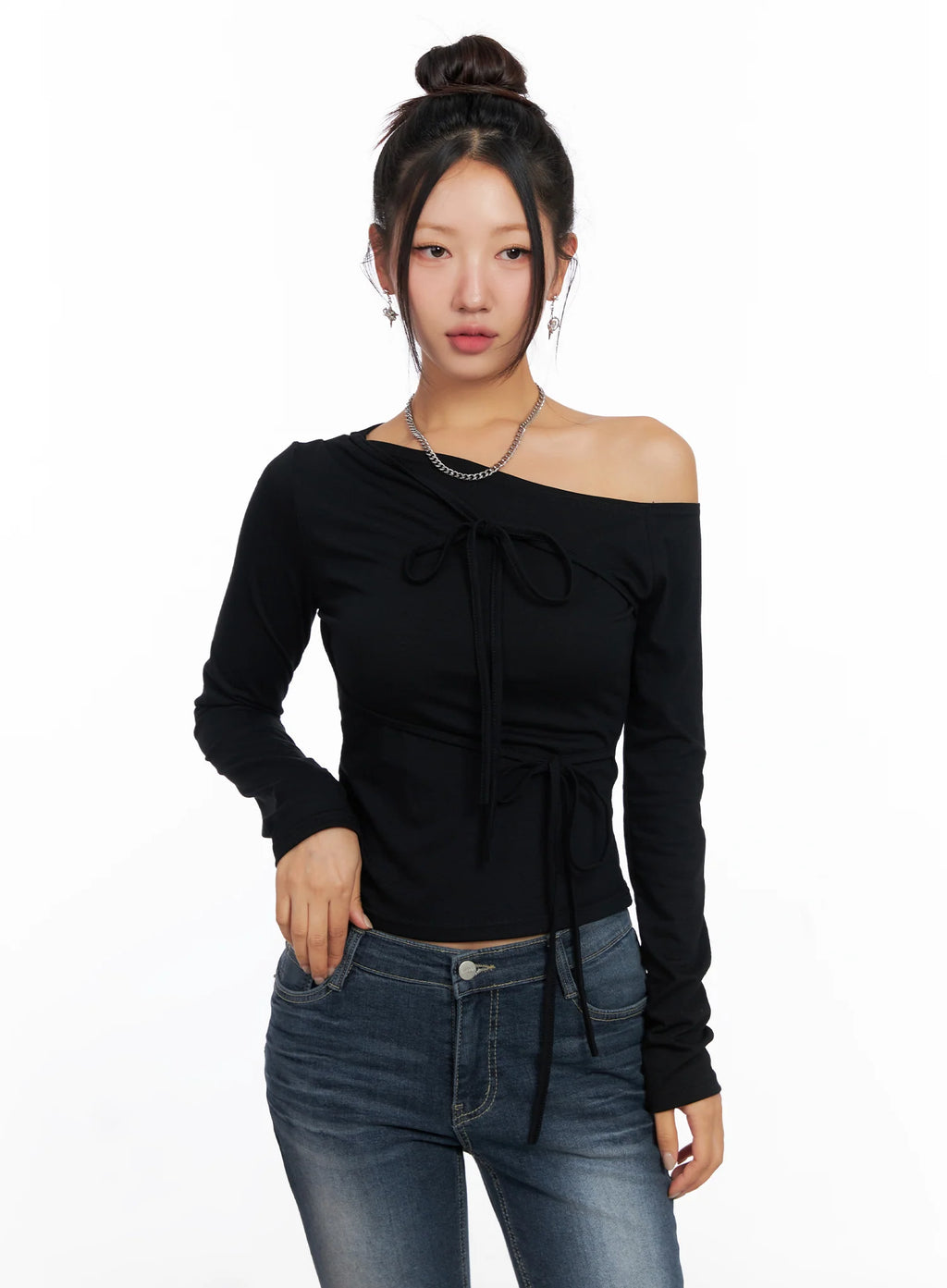 Ribbon One-Shoulder Long Sleeve Top CO514