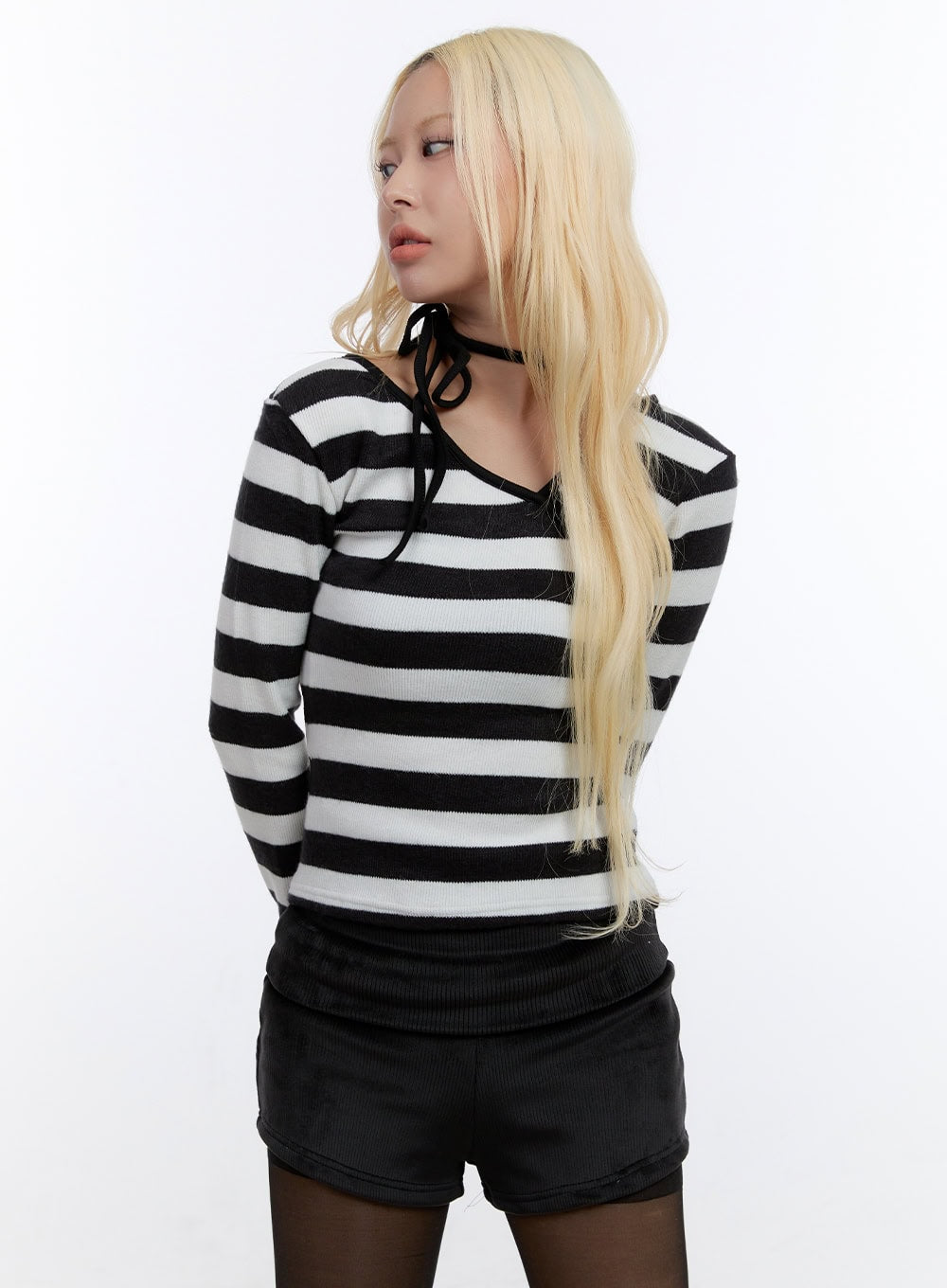Unbalanced Strip  V-Neck Sleeve Crop CO419