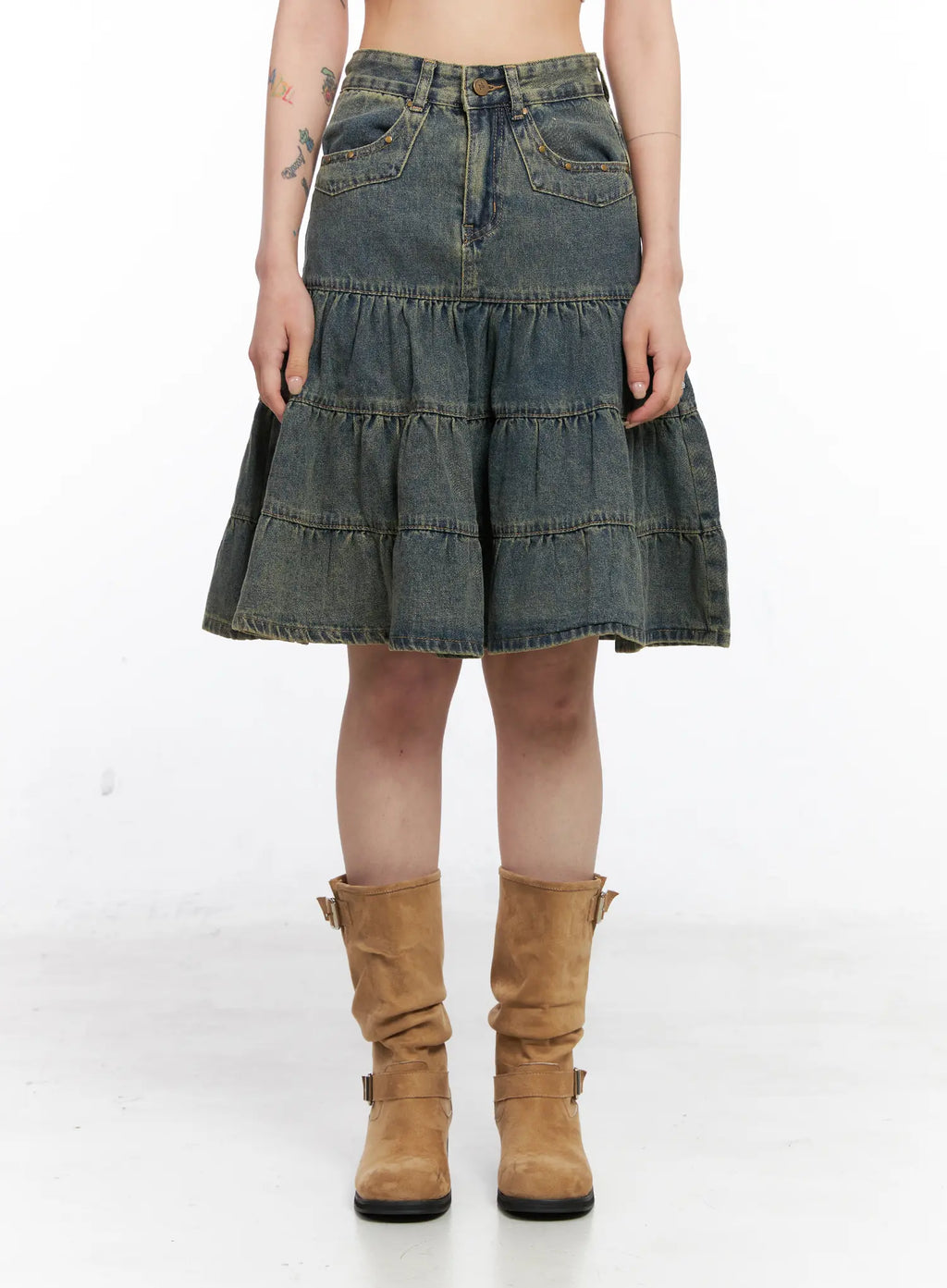 Tiered Vintage Denim Midi Skirt CO507