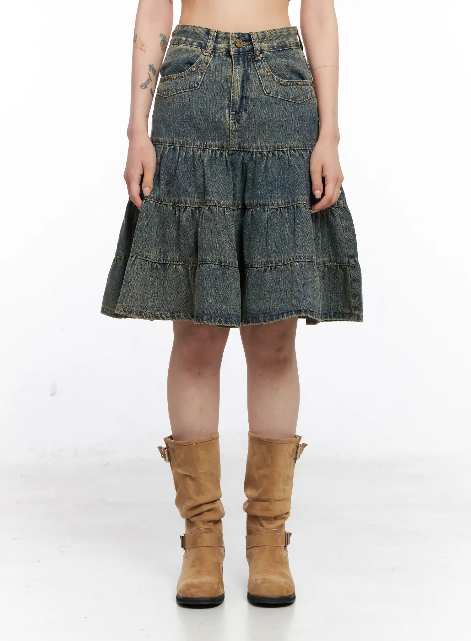 Tiered Vintage Denim Midi Skirt CO507