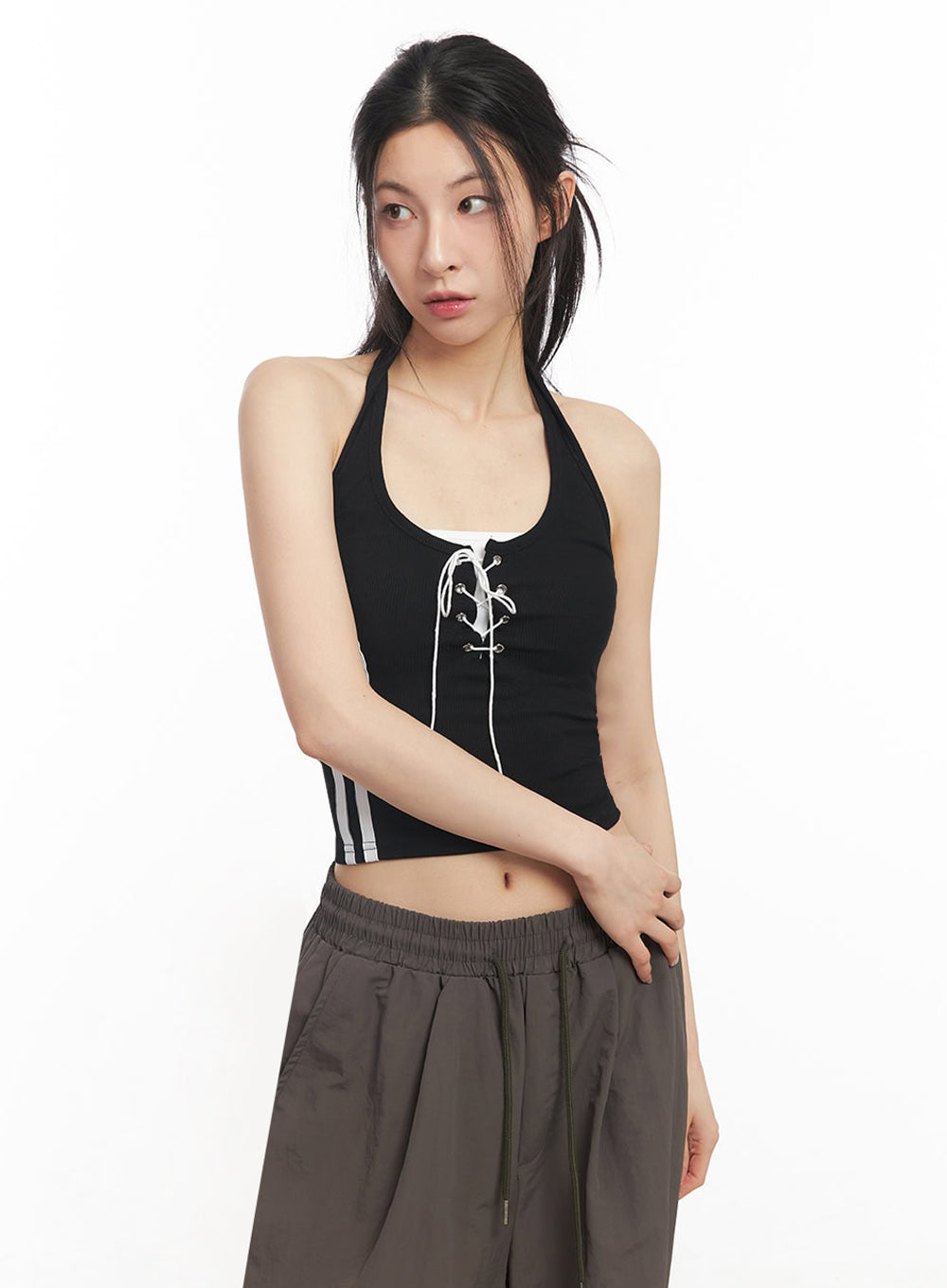 Halter Lace-Up Eyelet Crop Tank Top IY529