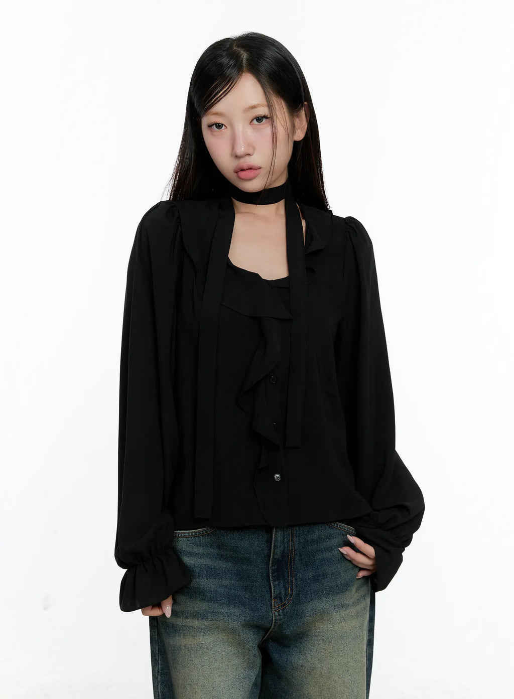 Ruffled Chiffon Blouse with Scarf Set CS518