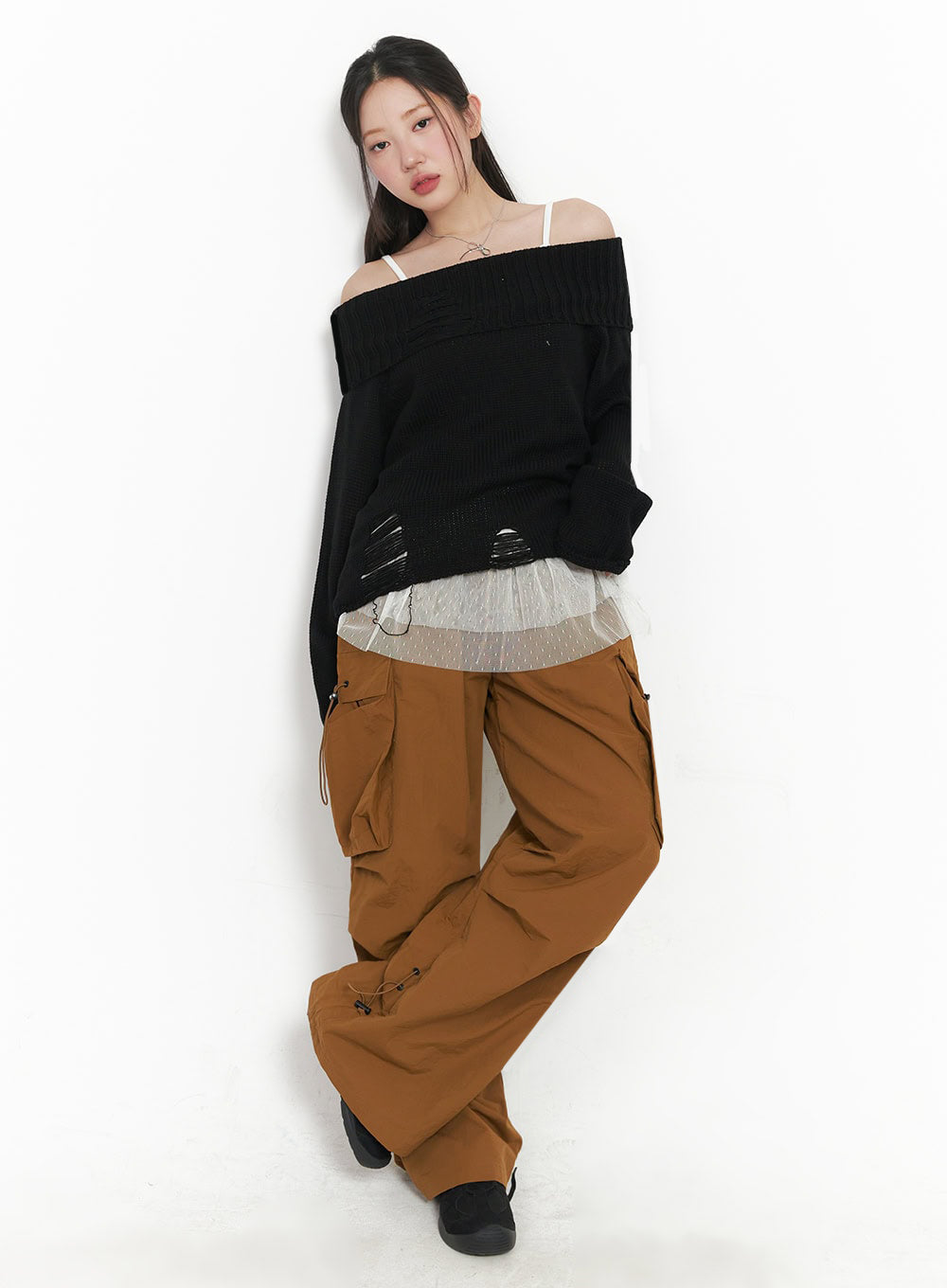 Off-Shoulder Distressed Sweater IM525