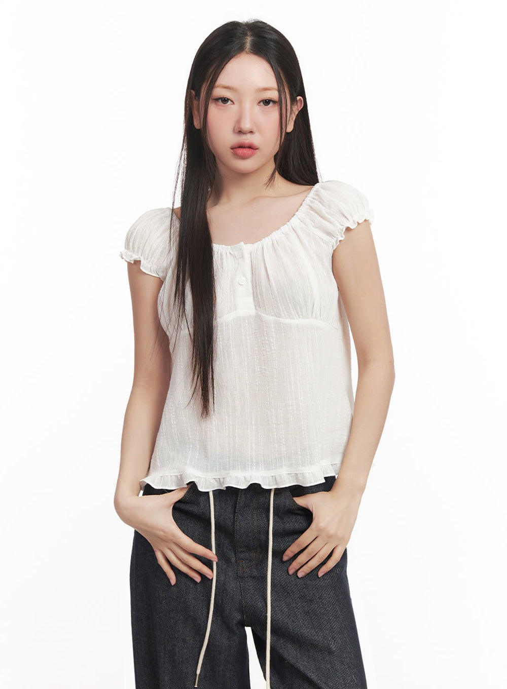 Frill Buttoned Off-Shoulder Blouse Top IM528