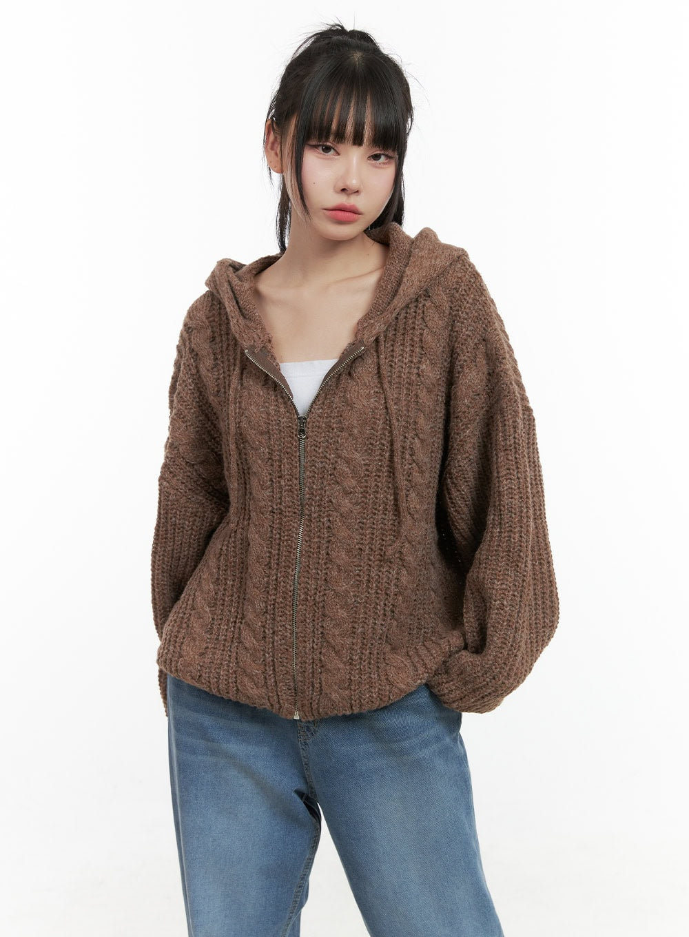 Oversized Cable Knit Hooded Sweater OS410