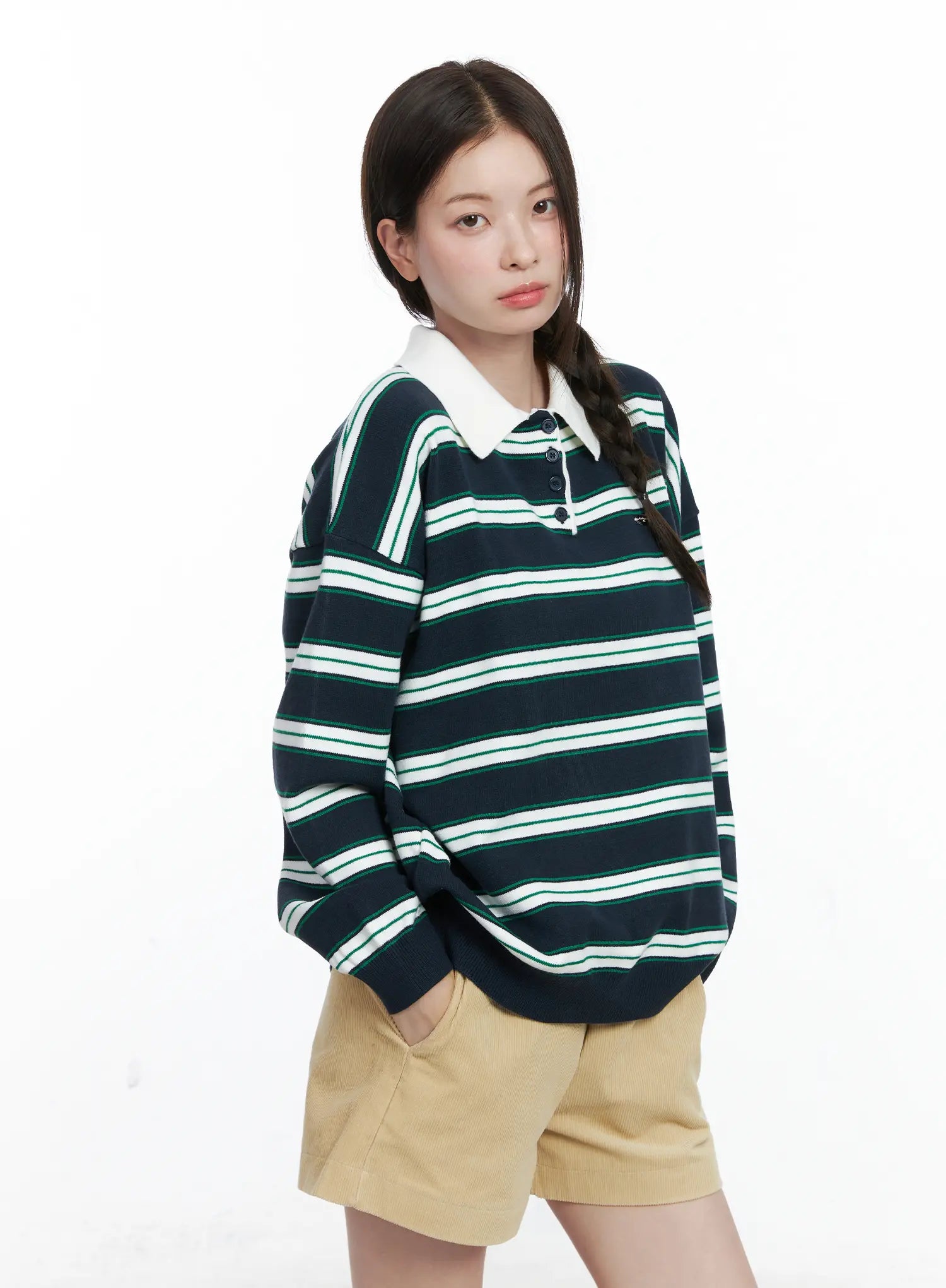 Oversized Striped Long Sleeve Collared Shirt CO503