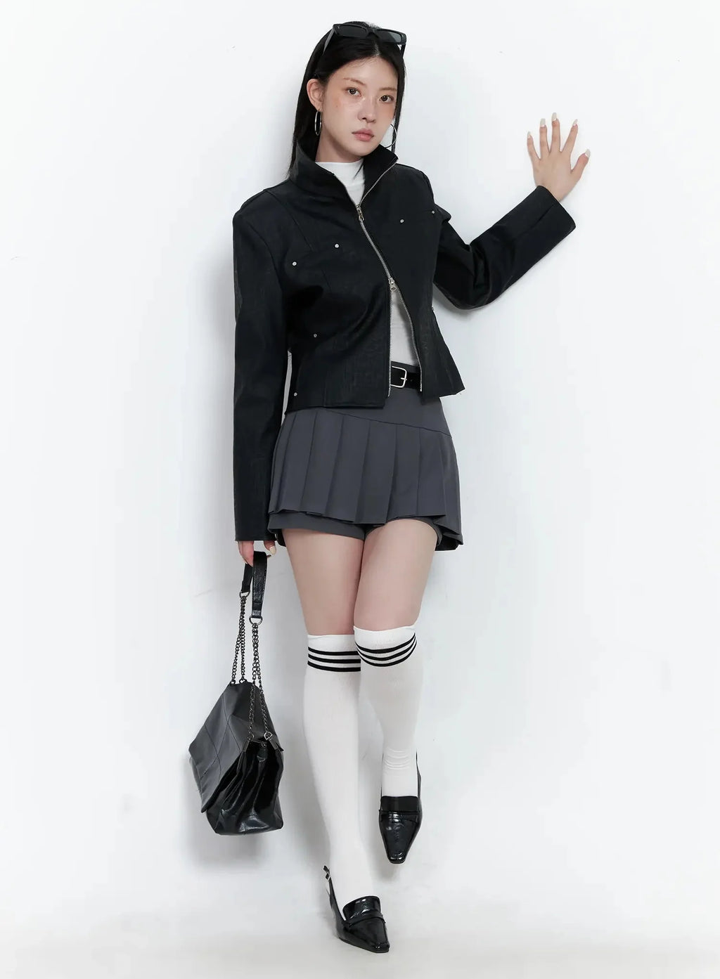 High Neck Zip Up Faux Leather Jacket IS508