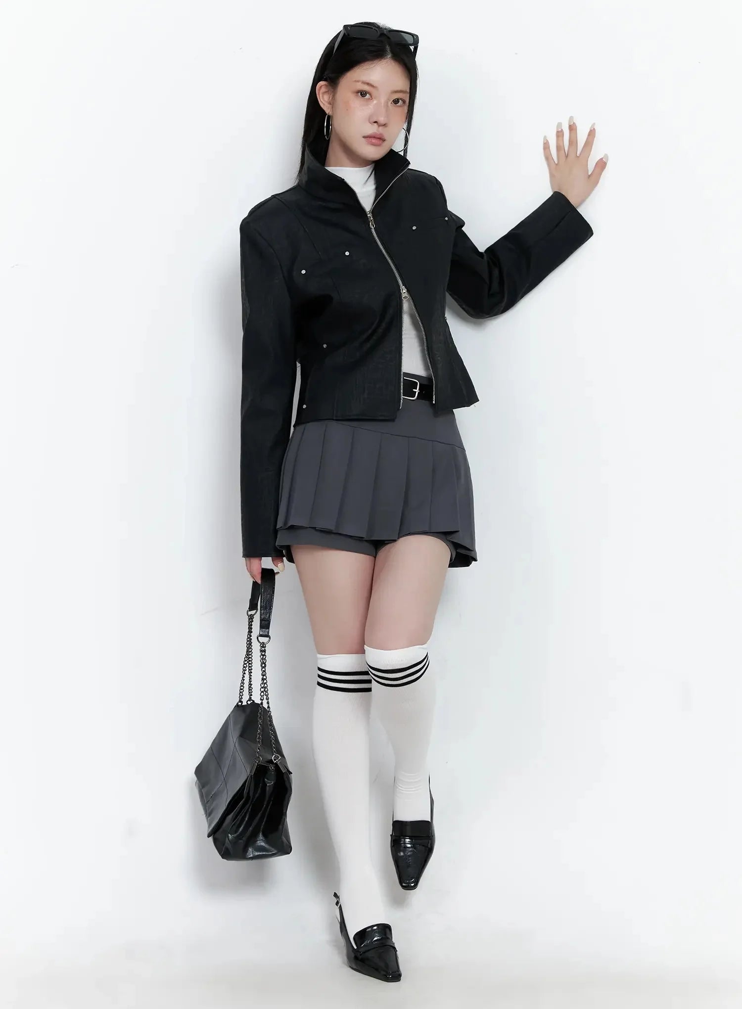 High Neck Zip Up Faux Leather Jacket IS508