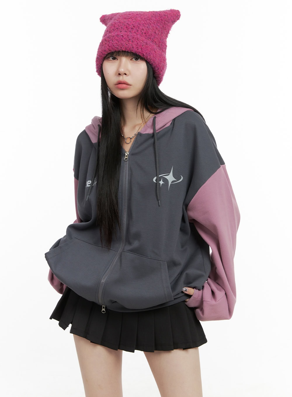 Mixed Color Oversized Zip-Up Hoodie OO401