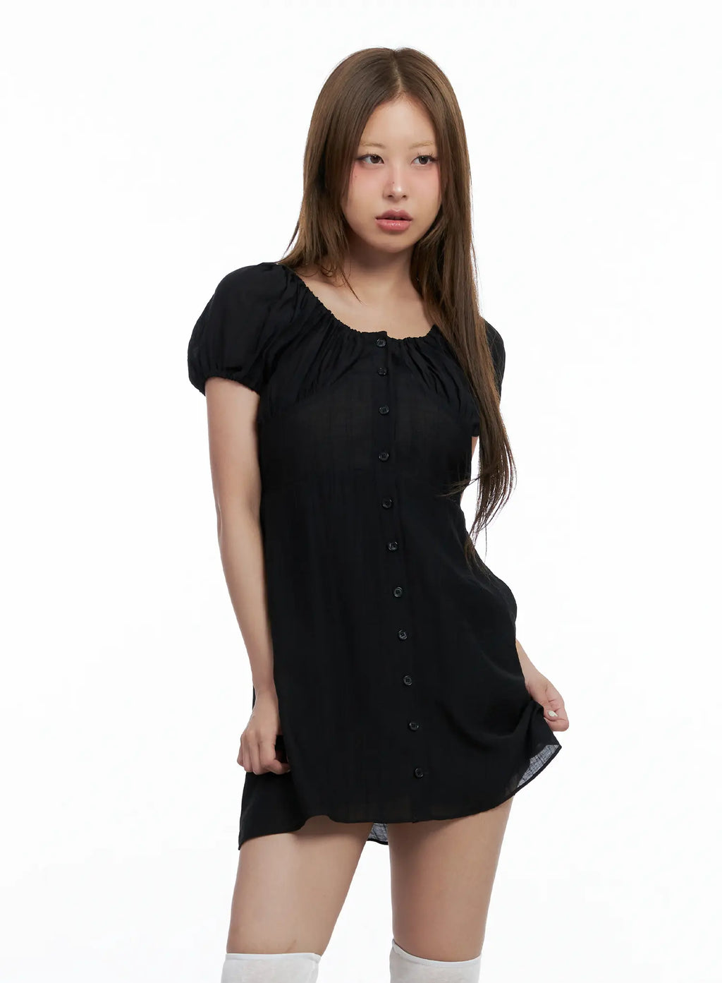 Shirred Puff-Sleeve Mini Dress CL510
