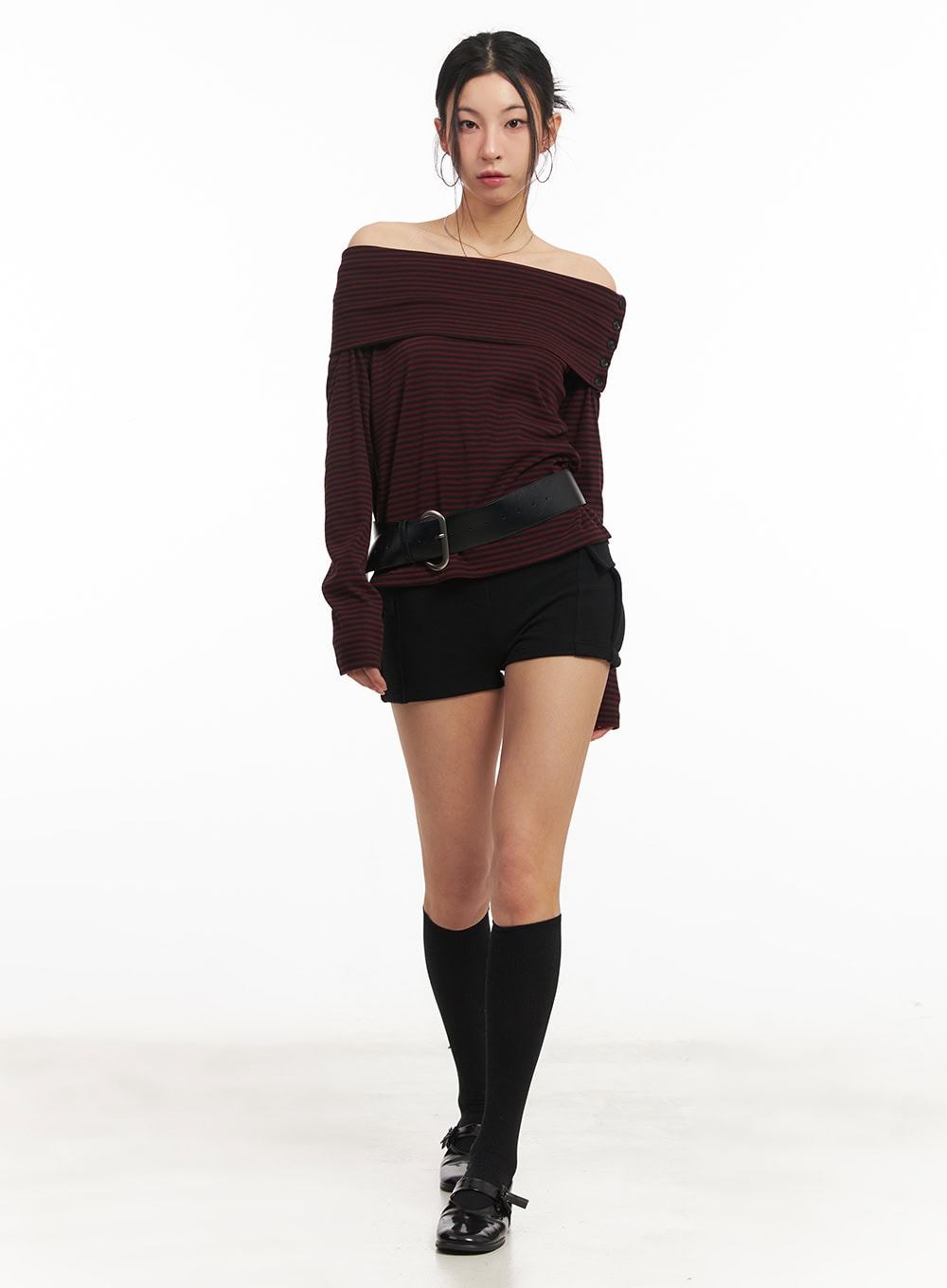 Striped Long-Sleeve Off-Shoulder Top CM503