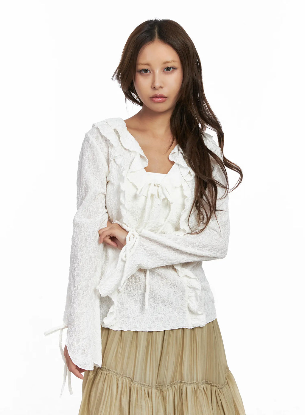 Lace Ruffled Ribbon Long Sleeve Blouse CO513