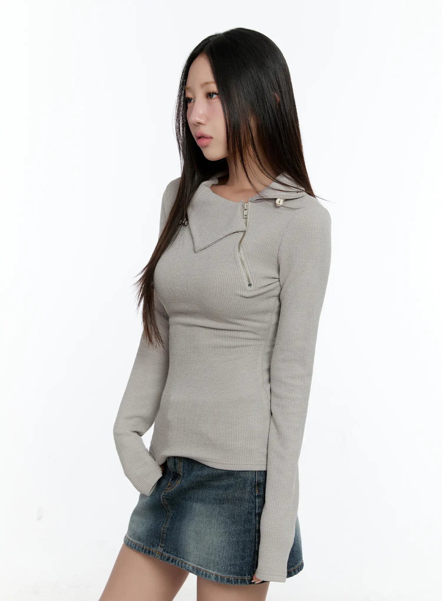 Zipper Detail Rib Knit Long Sleeve CS517