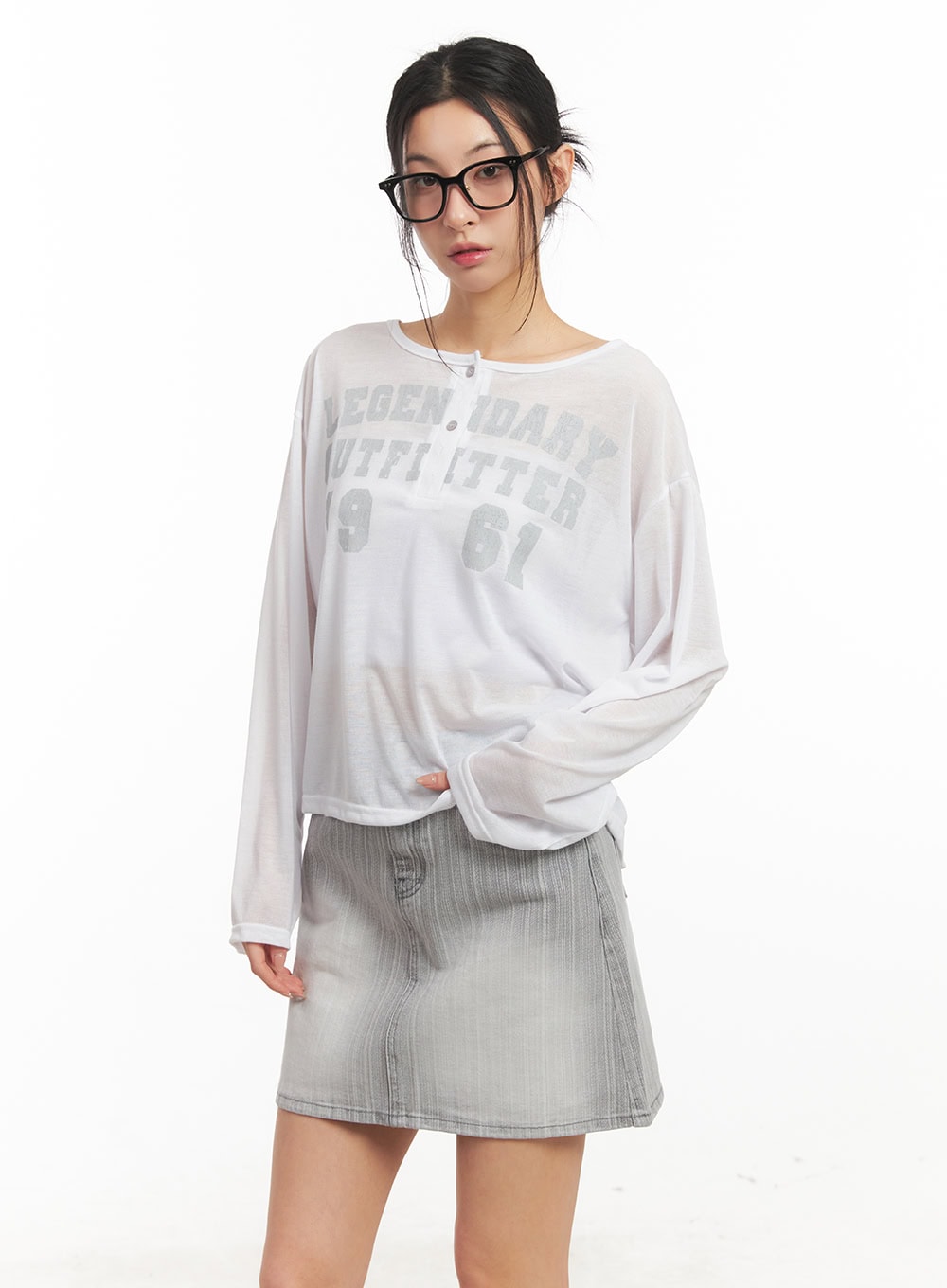 Sheer One-Shoulder Buttoned Tee CM503