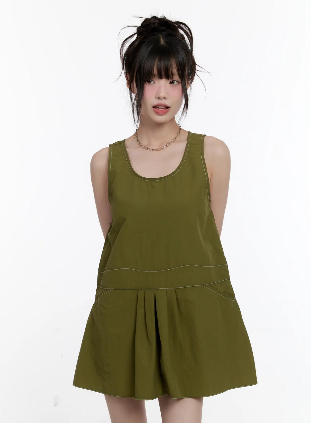 Olive Green Pintuck Mini Dress CL507