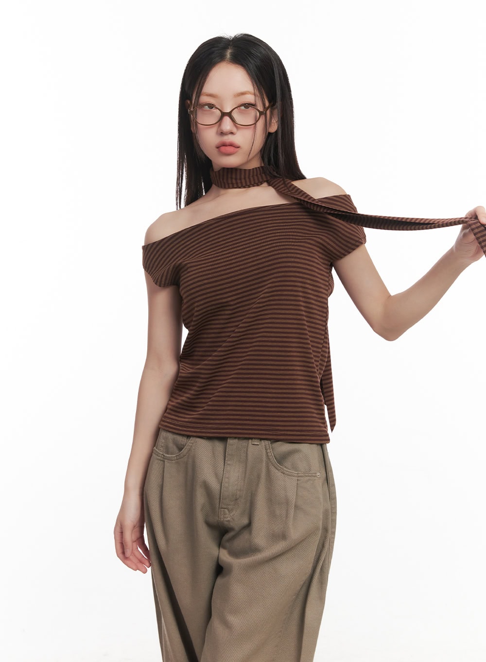 Stripe Off-Shoulder Top with Scarf CA521