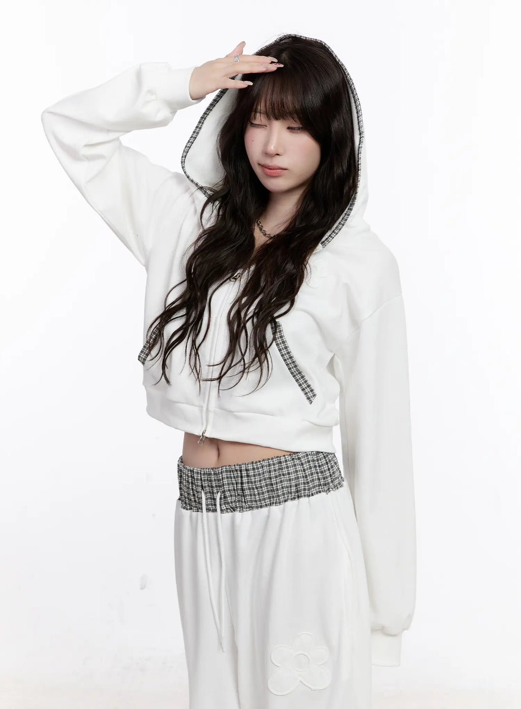 Plaid Trim Crop Zip-Up Hoodie CS530