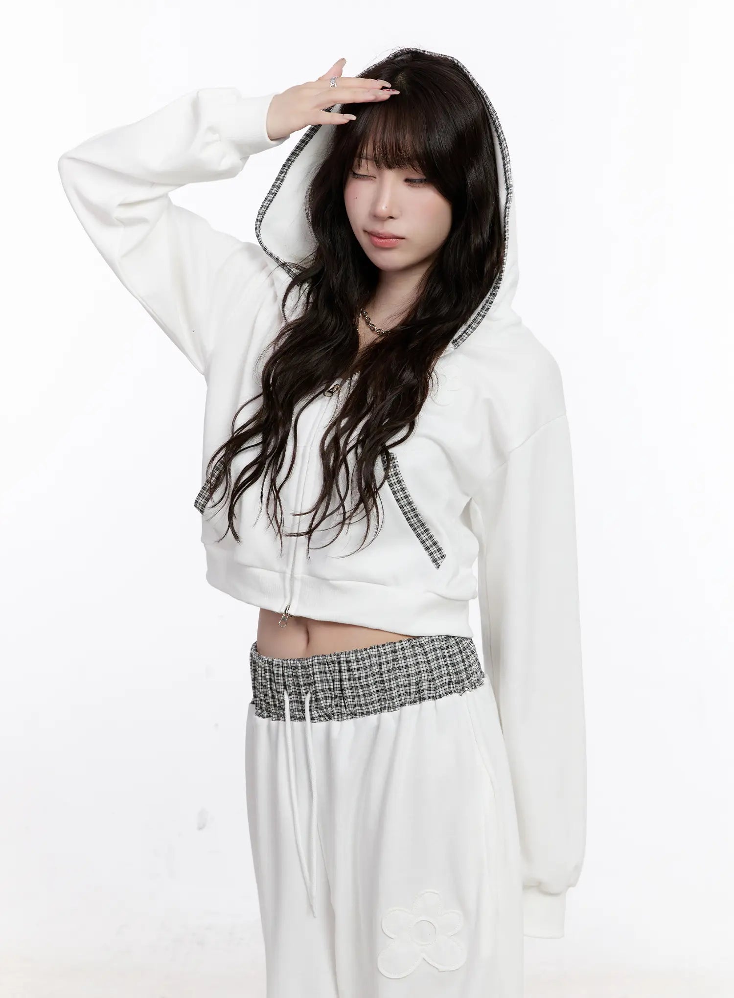 Plaid Trim Crop Zip-Up Hoodie CS530