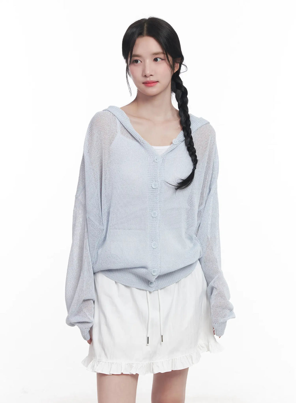 Sheer Buttoned Hooded Cardigan CU523